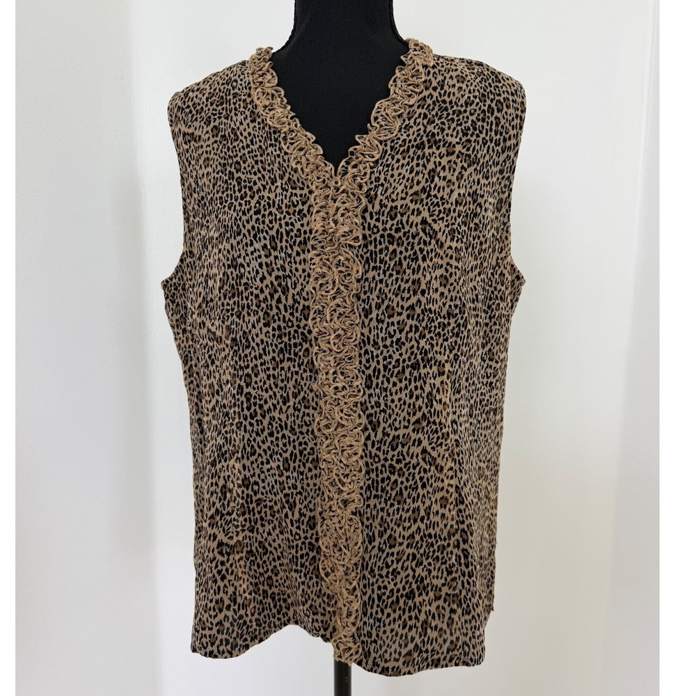 00s Leopard Animal Print Silk Ruffle Trim Top Mob Wife Robbie Bee  Vintage Sz 14
